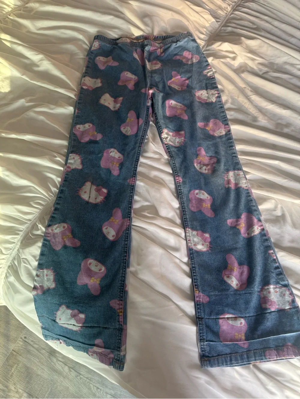 Blue Denim Flared Pants with Pink Hello Kitty Print